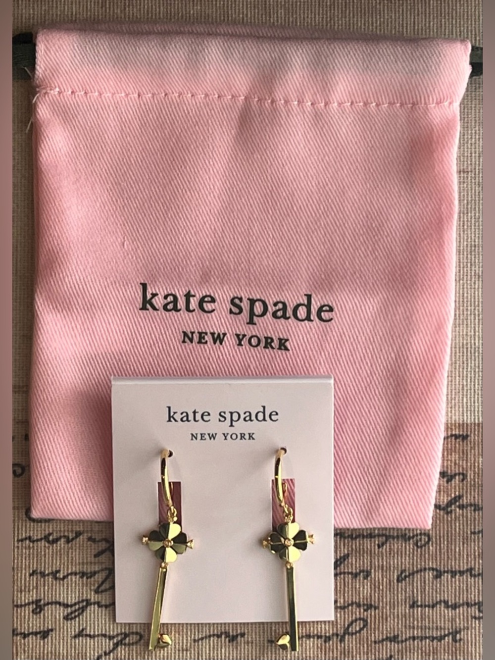 Kate Spade Key Drop Earrings Gold Tone Lock and Spade New with dust bag